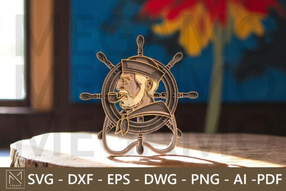 Captain Sailor Wheel SVG Layered: Nautical Laser Cut Art