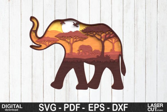 Elephant Safari Sunset Layered Scene SVG & DXF