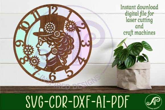 Steampunk Lady Wall Clock Laser Cut SVG Design